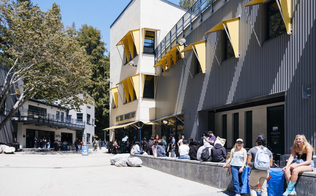 Students hanging out in Quarry Plaza.