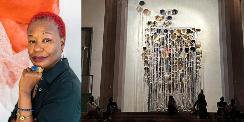 Gina portrait next to her artwork with people sitting in front with friends